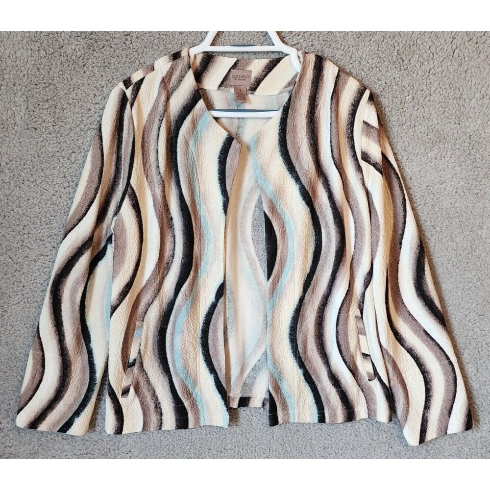 Chico's Easywear Long Sleeve Open Front Cardigan Wavy Print Polyester Stretch M
